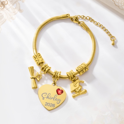 Personalized Name & Year Graduation Cap & Scroll Charm Bracelet with Heart Birthstone, Class of 2026 Graduation Jewelry, Gift for Graduates