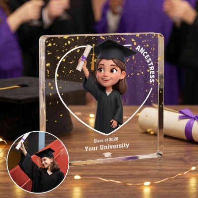 Personalized 3D Cartoon Graduate Character Square Acrylic Plaque with Name Year and School, Desk Decor, Birthday/Graduation Gift for Graduates