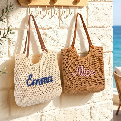 Personalized Embroidered Name Crochet Beach Tote, Woven Boho Summer Shoulder Bag, Vacation/Pool Party Travel Handbag, Gift for Her/Besties/Friends