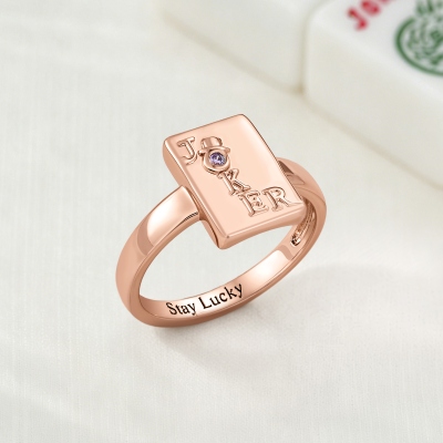 Personalized Engraved Joker Mahjong Ring with Birthstone, Dainty Mahjong Jewelry, Anniversary/Birthday/Graduation Gift for Her/Women