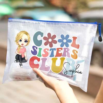 Personalized Cool Sister Club Cartoon Character Waterproof Beach Bag with Name Birthday Wedding Beach Party Gift for Her