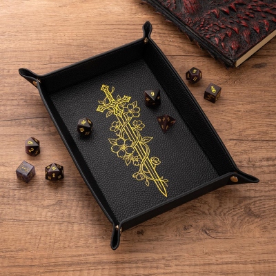 Foldable Leather DND Dice Rolling Tray, Floral Sword Birth Month Dice Tray with Metal Snap Buttons, Birthday Gift for Astrology Lovers & DND Players