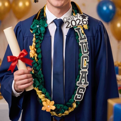 Personalized Name & Year Braided Satin Ribbon Lei with Flowers, Class of 2026 Graduation Lei for Senior Night/Awards Ceremony, Gift for Graduates
