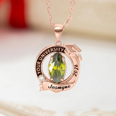 Personalized Name & Year Graduation Cap Necklace with Marquise Birthstone, Class of 2026 High School/College Graduation Jewelry, Gift for Graduates