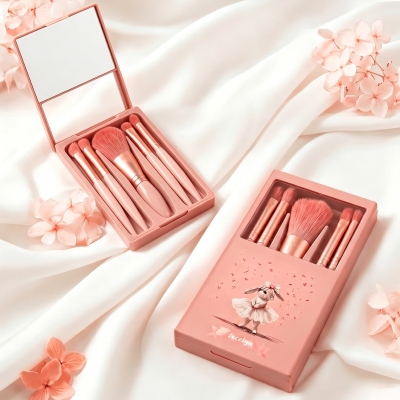 Personalized Name Cute Ballet Bunny 5PCS Makeup Brush Set with Mirror, Portable Travel Accessories, Birthday/Wedding Gift for Her/Friends/Bridesmaids