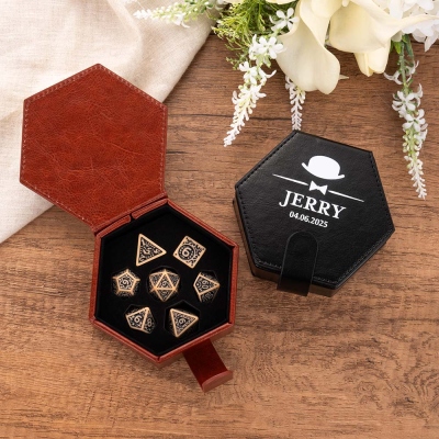 Mystery Polyhedral Acrylic Dice Set Included Custom Date & Name Magnetic Leather Dice Storage Box, DND Sentimental Gift for DND Players and Groomsmen