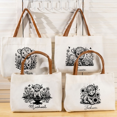 Personalized Floral Highland Cow Canvas Tote Bag with Name, Sweet Cottagecore Large Capacity Daily Shopping Handbag, Birthday Gift for Mom/Friends/Her