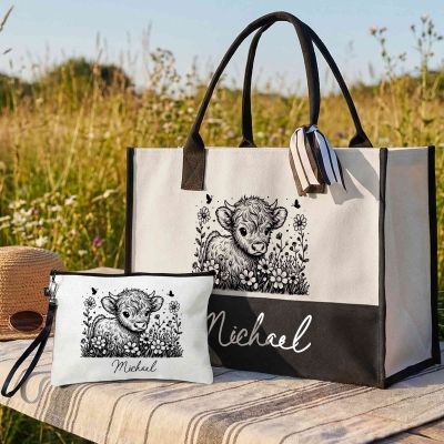 Personalized Western Floral Highland Cow Bag Set, Canvas Tote Bag & Linen Makeup Pouch with Wristlet, Daily Travel Bag Kit, Birthday Gift for Mom/Her