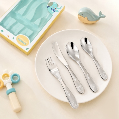 Personalized Engraved Jungle Animal Design 4 Pieces Cutlery Set, Food Grade Stainless Steel Children's Flatware Set, Christmas/Birthday Gift for Kids