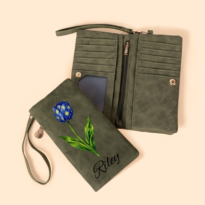 Personalized Name Starry Sky Birth Flower Tri-Fold Wallet, Vintage Leather Wallet Card Phone Holder with Wristlet, Birthday Gift for Her/Mom/Grandma