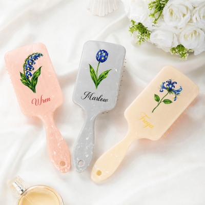 Custom Starry Sky Birth Flower Hair Brush with Name, Elegant Floral Paddle Brush, Bridal Shower Favor, Birthday/Mother's Day Gift for Her/Mom/Besties