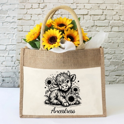 Personalized Western Floral Highland Cow Burlap Tote Bag with Name, Daily Large Capacity Jute Handbag, Birthday/Mother's Day Gift for Mom/Grandma/Her