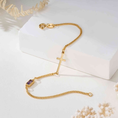 Personalized Sideways Cross Rectangle Birthstone Bracelet, Dainty Sterling Silver 925 Faith Christian Jewelry, Confirmation/Birthday Gift for Mom/Her