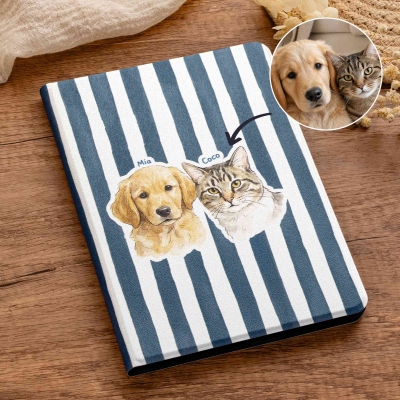 Personalized Pet Portrait Striped Magnetic iPad Case with Name, Watercolor Shockproof Slim Folio Sleep Wake Cover, Birthday Gift for Pet Owners/Lovers