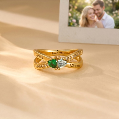 Personalized Double Heart Birthstone Infinity Cross Ring with Engraved Names, Dainty Sterling Silver 925 Promise Couple Ring, Birthday Gift for Her