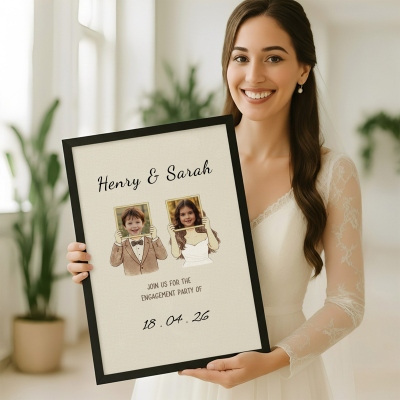 Personalized Newlyweds Childhood Photo Canvas Poster Frameless Framed Painting with Names and Date, Wedding/Engagement Party Gift for Couple