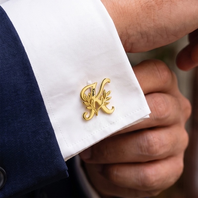 Personalized Initial Leaf Cufflinks with Name, Minimalist Cufflinks for Men, Father's Day/Wedding/Anniversary Gift for Dad/Husband/Groomsmen