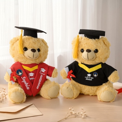 Custom Name & Year Graduation Teddy Bear with School Badge, Plush Bear with Mortarboard, Cute Stuffed Animal, Gift for High School & College Graduates
