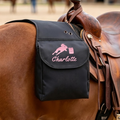 Personalized Barrel Racing Horse Saddle Bag with Name, Oxford Waterproof Tack Storage Pouch with Adjustable Strap, Gift for Horse Riders/Equestrians