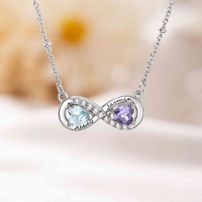 Personalized Infinity Heart Birthstones Necklace with Names, Dainty Sterling Silver 925 Memorial Pendant, Birthday Gift for Girlfriends/Couple/Her