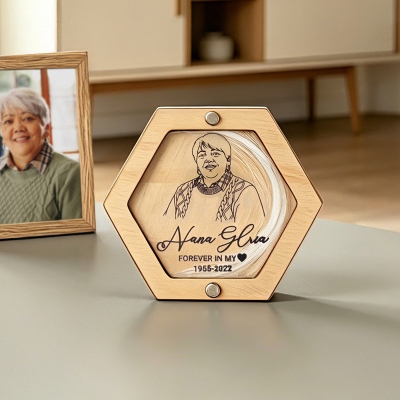 Custom Portrait Wooden Hair Memorial Keepsake Box with Name & Date, Magnetic Hair Lock Tabletop Display Frame, Sympathy Gift for Loss of Loved One
