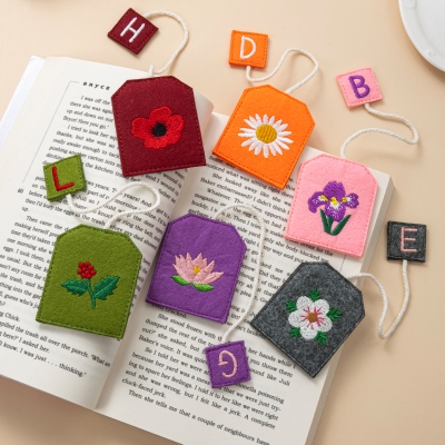 Personalized Birth Flower Embroidered Teabag Bookmark with Initial, Felt Book Tracker, Bookish Accessory, Birthday Gift for Book Lovers/Tea Drinkers