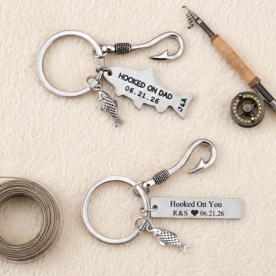 Personalized Initials & Date Hooked on You Keychain, Fish & Hook Fishing Keyring, Father's Day/Anniversary Gift for Fishermen/Dad/Boyfriend/Husband