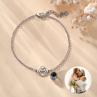 Personalized Photo Projection Openwork Monogram Heart Charm Bracelet, Dainty Adjustable Bracelet, Anniversary/Birthday Gift for Wife/Mom/Couple/Women