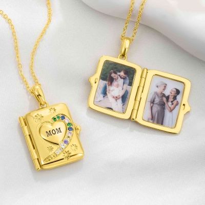 Custom Engraved Book Shaped Heart Photo Locket Necklace with 3-12 Birthstones, Picture Pendant Jewelry, Birthday/Anniversary Gift for Her/Mom/Grandma