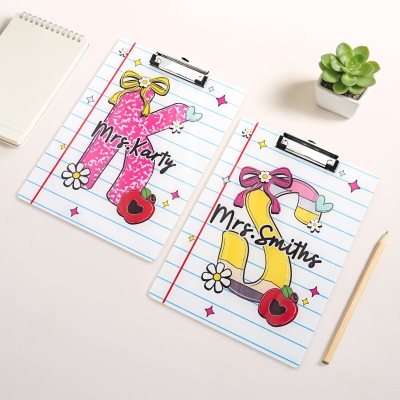 Custom Cute Teacher Name Bow Monogram Clipboard, Durable Classroom Document Holder, School Supplies, Appreciation/Back to School Gift for Teachers