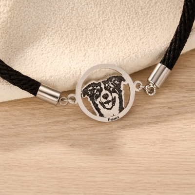 Anpassat graverat reparmband med husdjursporträtt och namn, armband med ihåligt cirkelformat hänge i sterlingsilver 925 för katt/hund, minnesgåva för husdjursägare/älskare