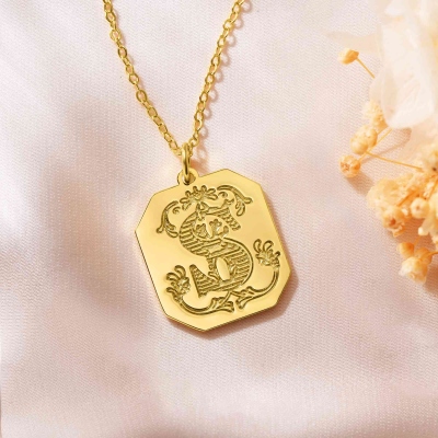 Personalized Engraved Victorian Initial Necklace, Ornate Letter Octagon Pendant with Back Engraving, Birthday/Graduation Gift for Him/Her/Friends