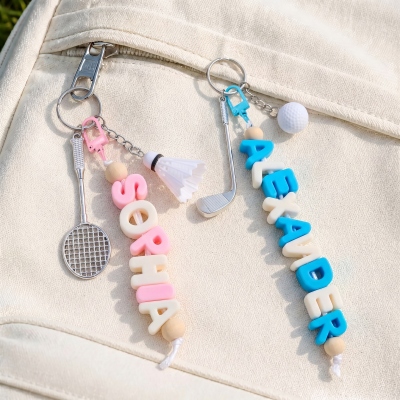 Personalized Colorful Letter Name Sports Ball & Racket Keychain, Tennis/Golf/Badminton Acrylic Bag Charm, Gift for Sports Lovers/Players/Teammates