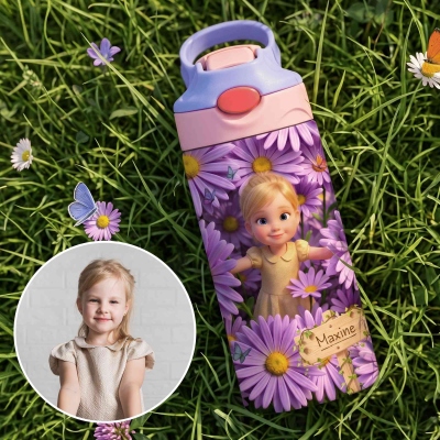 Custom Name Photo Birth Flower 3D Cartoon Character Water Bottle, Stainless Steel 12oz Tumbler with Straw & Lid, Back to School/Birthday Gift for Kids