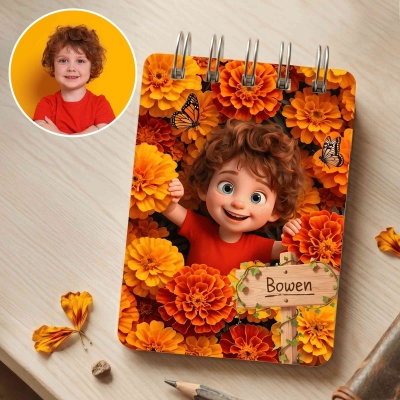 Personalized Name & Photo Birth Flower 3D Cartoon Character Notebook, A7 Spiral Notebook, Birthday/Back to School Gift for Kids/Boys/Girls