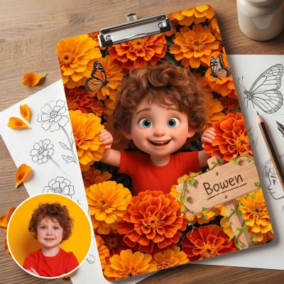 Personalized Name & Photo Birth Flower 3D Cartoon Character Acrylic Clipboard, School Supplies, Back to School/Birthday Gift for Kids/Students