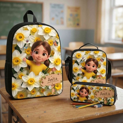 Personalized Name Photo Birth Flower 3D Cartoon Character Backpack with Pencil Case & Lunch Bag, School Bag Set, Back to School/Birthday Gift for Kids