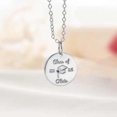 Personalized Name & Year Bachelor Cap Round Disc Necklace with Birthstone, Class of 2026 High School/College Graduation Jewelry, Gift for Graduates