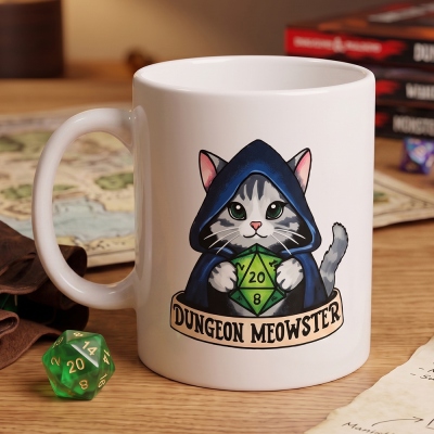 Dungeon Meowster Cat Ceramic Mug with D20 Dice Print, DND Two-Tone Coffee Cup, Funny Tabletop RPG Gamer Cup, Gift for DM and Pet Lovers