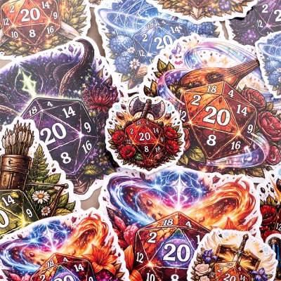 D20 Dice DND Class Vinyl Sticker Pack, Waterproof Fantasy RPG Decals, Gothic Tabletop Gaming Stickers for Laptop, Water Bottle, Phone, Journal, Refrigerator