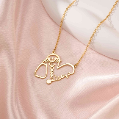 Personalized Name Heart Stethoscope Necklace, Sterling Silver 925 Caduceus Jewelry, Appreciation/Graduation Gift for Nurses/Doctors/Medical Staff