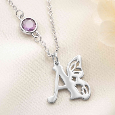 Personalized Initial Butterfly Necklace with Sideways Birthstone, Dainty Women's Jewelry, Birthday/Anniversary/Mother's Day Gift for Her/Mom/Besties