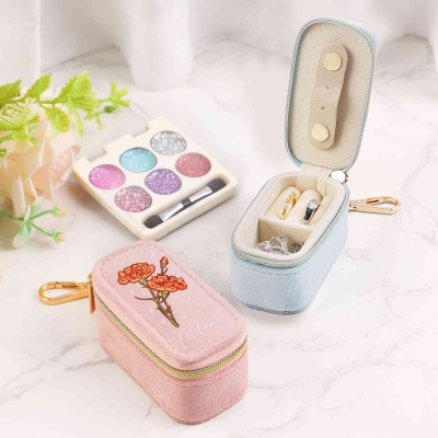 Personalized Elegant Birth Flower Jewelry Box with Name, Velvet Jewelry Case, Travel Accessory, Birthday/Wedding Gift for Women/Girls/Bridesmaids