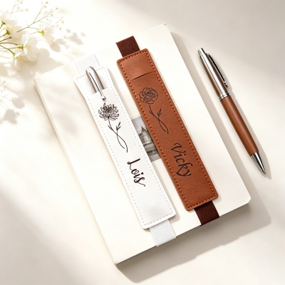 Personalized Name Birth Flower PU Leather Bookmark Band with Pen Pocket, Multicolor Reading Accessory, Birthday/Graduation Gift for Bookworms/Readers