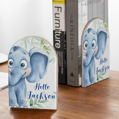 Personalized Cute Animal Says Hello 1 Pair Wooden Book Ends with Name, Book Storage, Daily Use, Back to School/Teacher's Day Gift for Kids/Students
