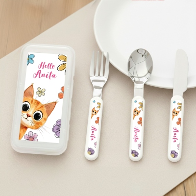 Personalized Cute Animal Says Hello Kid's Fork Spoon Knife 3 PCS Cutlery Set with Name and Case, Back to School/Birthday Gift for Boys/Girls/Students