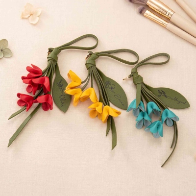 Personalized PU Leather Handcrafted Bellflower Leaf Bouquet Keychain with Name & Birth Flower, Bag Accessory, Birthday Gift for Women/Girls