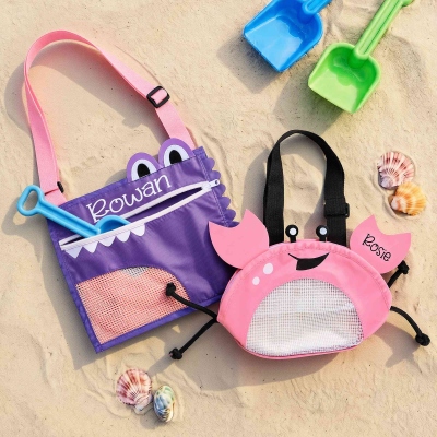 Personalized Name Crab/Crocodile Mesh Seashell Bag with Adjustable Strap, Kids Beach Tote, Vacation/Birthday Gift for Kids/Boys/Girls