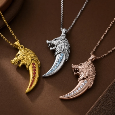 Personalized Name Wolf Fang Necklace with Birthstone, Men's Viking Jewelry, Birthday/Father's Day/Anniversary Gift for Him/Dad/Brother/Family/Friends