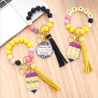 Custom Name Pencil/Composition Book Design Silicone Beaded Bracelet Keychain Wallet with Tassel, Wristlet Card Holder, Appreciation Gift for Teachers